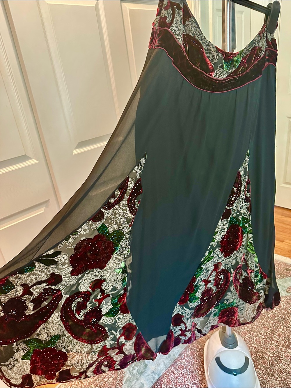 Bob Hale silk boho style skirt with velvet and beads embroidery.